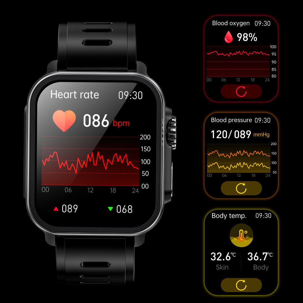 BEARSCOME VEE Llamada Bluetooth ECG / EKG Oxígeno en sangre Frecuencia cardíaca Monitoreo de azúcar en sangre Reloj inteligente de música 